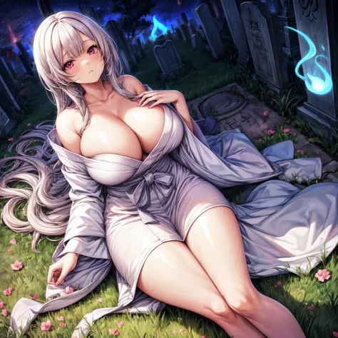 Masterpiece, 1girl,solo,huge breasts, ghost costume , (hitodama) ,night, tombstone, graveyard, long sleeves, very long sleeves, , ghost, pale skin,, off shoulder, cleavage, no bra, (((extremely long white hair))), lying on ground by tombstone, bare legs, s...