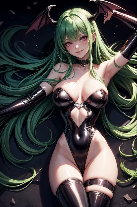 1girl, Morrigan_Aensland, beautiful face, pretty, green hair, long hair, straight hair, hair bang, straight hair bang, pink eyes, mature woman, mommy, big tits, demon, succubus, demon wings, head wings, smiling sadistically, evil smile, black leotard, late...