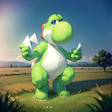 masterpiece, best quality, detailed, soft dim lighting, grass field, yoshi, male, holding letter, smiling at viewer, yellow skin