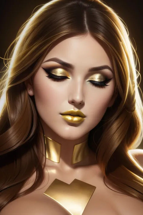 lucy pinder, face portrait, ((very intense makeup)), ((gold lipstick)), eyes closed mouth wide open