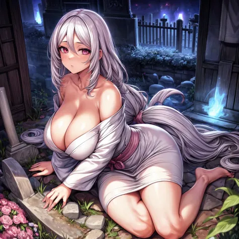 Masterpiece, 1girl,solo,huge breasts, ghost costume , (hitodama) ,night, tombstone, graveyard, long sleeves, very long sleeves, , ghost, pale skin,, off shoulder, cleavage, no bra, (((extremely long white hair))), lying on ground by tombstone, bare legs, s...