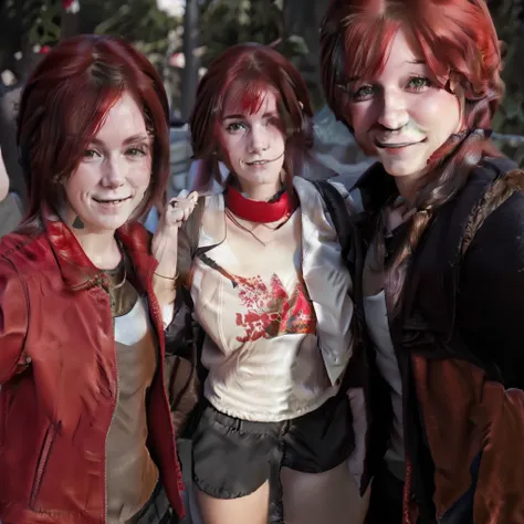 Woman, Claire redfield, long red hair, wearing red jacket with red t-shirt, nails polish, happy expression, little smile