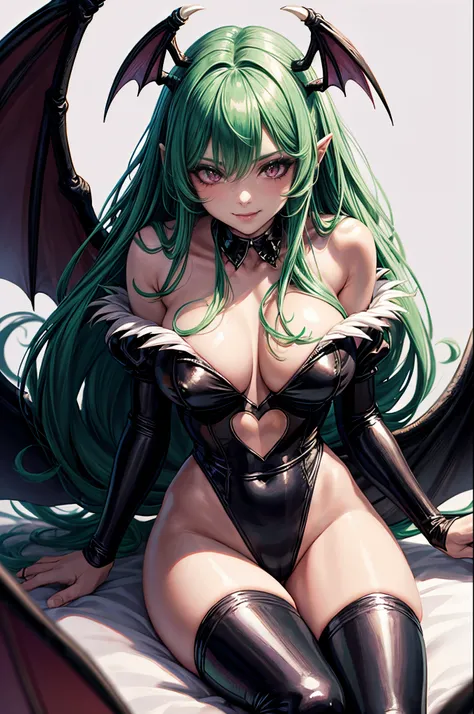 1girl, Morrigan_Aensland, beautiful face, pretty, green hair, long hair, straight hair, hair bang, straight hair bang, pink eyes, mature woman, mommy, big tits, demon, succubus, demon wings, head wings, smiling sadistically, evil smile, black leotard, late...