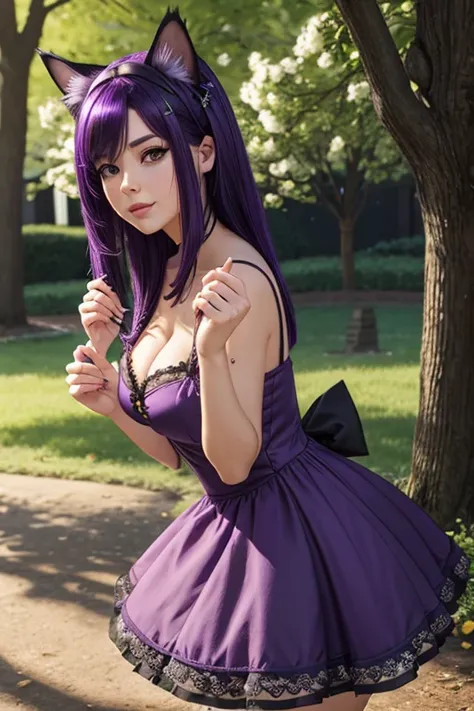 Only one woman , Theres an adult woman in a park, 35 years old, Bant over, hands on a tree, Spring Dress, Fucked doggy style, cat ears,, Dark purple hair, black hair and purple streaks, cat ears on head, beautiful chest, Second life avatar, Beautifullscree...