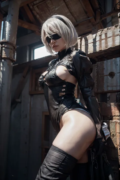 Scarlett Johansson as yorha no.2 type b with blindfold, (8k, RAW photo, best quality, masterpiece:1.2), (realistic, photo-realistic:1.37), ultra-detailed, (high detailed skin:1.2), 8k uhd, dslr, soft lighting, high quality, film grain, Fujifilm XT3, profes...