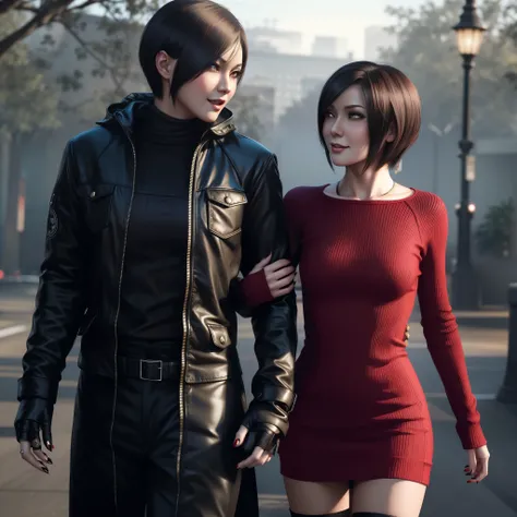 Woman, ada wong , wearing red dress short bob hair, black nails polish, happy expression