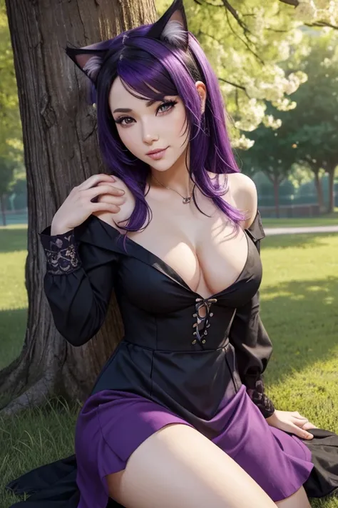 Only one woman , Theres an adult woman in a park, 35 years old, Bant over, hands on a tree, Spring Dress, Fucked doggy style, cat ears,, Dark purple hair, black hair and purple streaks, cat ears on head, beautiful chest, Second life avatar, Beautifullscree...