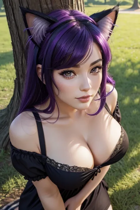 Only one woman , Theres an adult woman in a park, 35 years old, Bant over, hands on a tree, Spring Dress, Fucked doggy style, cat ears,, Dark purple hair, black hair and purple streaks, cat ears on head, beautiful chest, Second life avatar, Beautifullscree...