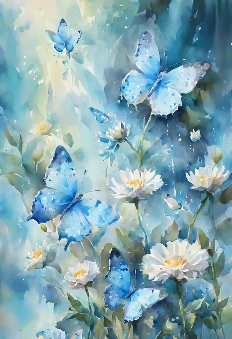 flowers turn into light blue sparkling butterflies in random sizes, impressionism, watercolor, tilting