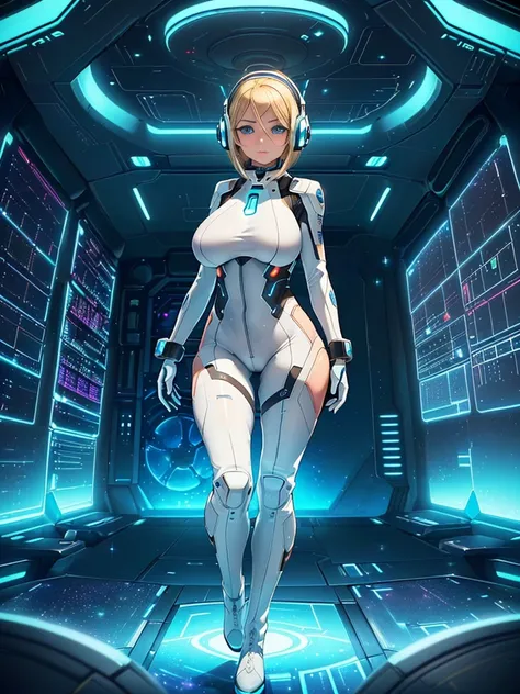 ​masterpiece:1.4, 1girl in ((20yr old, Wearing a futuristic white and silver costume, Tight Fit Bodysuit, long boots, Very gigantic-breasts, Multicolored blonde hair, a short bob, Perfect model body, Blue eyes:1.4, Wearing headphones, Flirting, Looking out...