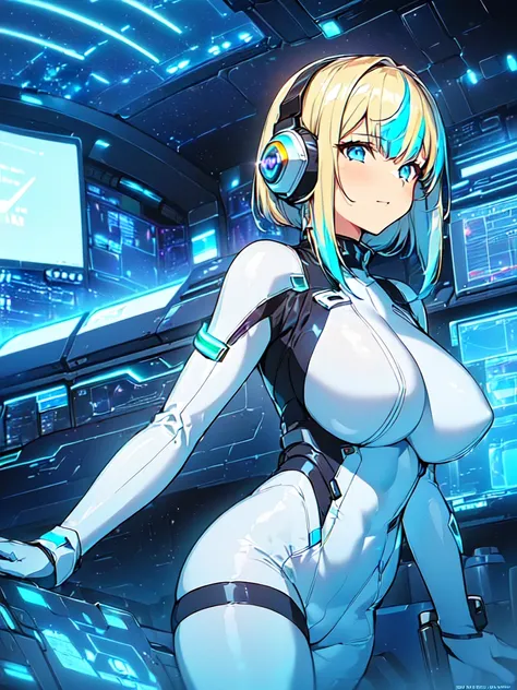 ​masterpiece:1.4, 1girl in ((20yr old, Wearing a futuristic white and silver costume, Tight Fit Bodysuit, long boots, Very gigantic-breasts, Multicolored blonde hair, a short bob, Perfect model body, Blue eyes:1.4, Wearing headphones, Flirting, Looking out...