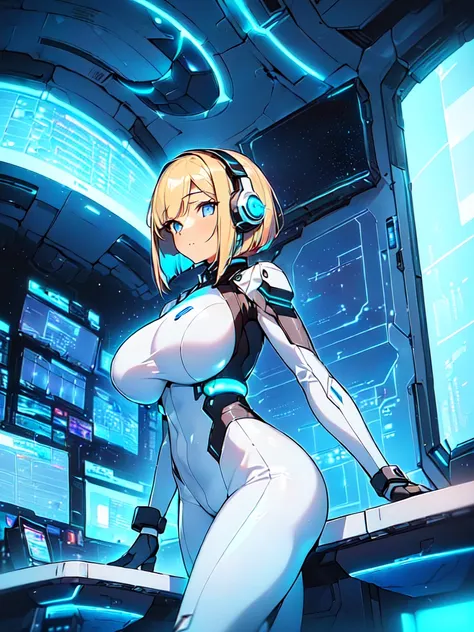 ​masterpiece:1.4, 1girl in ((20yr old, Wearing a futuristic white and silver costume, Tight Fit Bodysuit, long boots, Very gigantic-breasts, Multicolored blonde hair, a short bob, Perfect model body, Blue eyes:1.4, Wearing headphones, Flirting, Looking out...