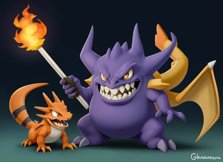 Will you make a drawing of gengar with Greninja with Charizard flying behind pokemon