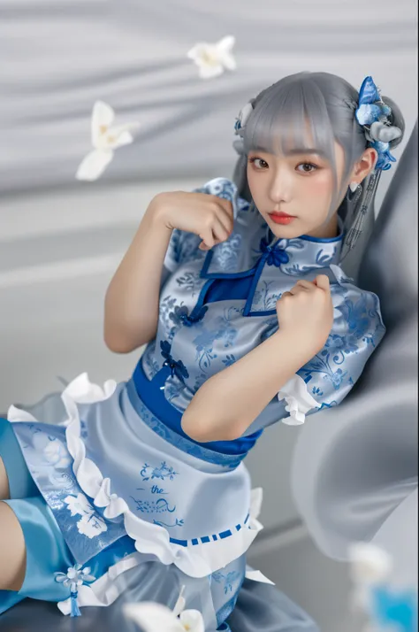 silber hair、The hair、gray and blue cheongsam