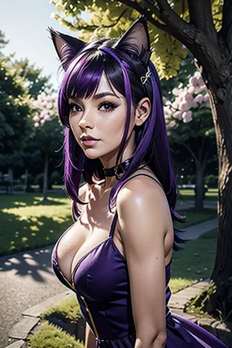 Only one woman , Theres an adult woman in a park, 35 years old, Bant over, hands on a tree, Spring Dress, Fucked doggy style, cat ears,, Dark purple hair, black hair and purple streaks, cat ears on head, beautiful chest, Second life avatar, Beautifullscree...