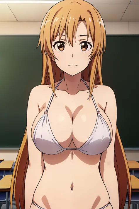 ((masutepiece, Best Quality, High resolution, anime screen cap, anime colours, in 8K, anime keyvisual)):1.5, Asuna, 1girl in, Cute, Shy smile, (Light brown long hair:1.5), 14years, (Oversized large sagging breasts:1.5), cleavage, ((White Micro Bikini:1.5, ...