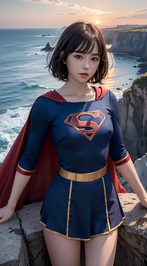 8k, best quality, (masterpiece:1.2), (realistic, photo-realistic:1.37), ultra-detailed, ((1girl)), innocent face, short dark bob hair, wearing supergirl outfit with cape, standing on the edge of a cliff, dynamic sunset colors in the sky