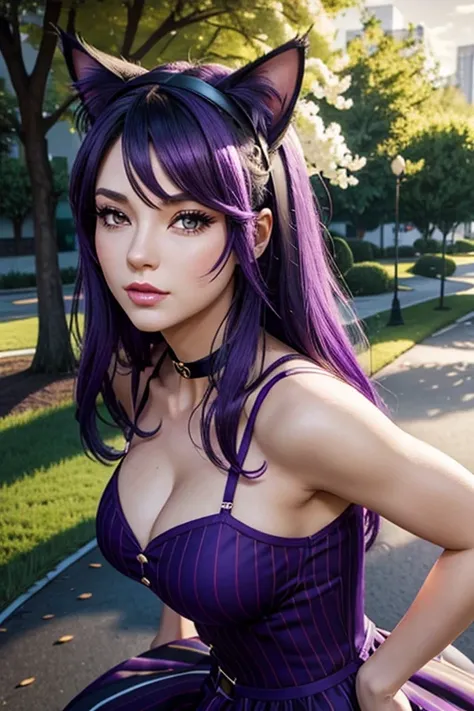 Only one woman , Theres an adult woman in a park, 35 years old, Bending foward, Blowing a kiss,  Spring Dress, cat ears,, Dark purple hair, black hair and purple streaks, cat ears on head, beautiful chest, Second life avatar, Beautifullscreenshot, Second l...