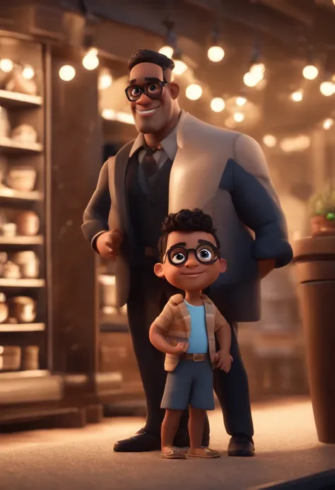 cartoon character of a family taking a photo in front of a mirror and behind is the background of a clothing store,the man doesn&#39;t wear glasses, homem tem uma barba preta baixa, homem com cabelo preto social curto, homem tem a pele moreno claro, homem ...