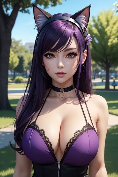 Only one woman , Theres an adult woman in a park, 35 years old, Bending foward, Blowing a kiss, Spring Dress, cat ears,, Dark purple hair, black hair and purple streaks, cat ears on head, beautiful chest, Second life avatar, Beautifullscreenshot, Second li...