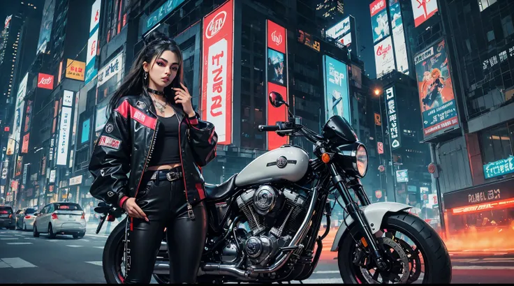 masterpiece, best quality, Confident cyberpunk random girl, full body shot, ((standing in front of motorcycle)), Harajuku-inspired pop outfit, bold colors and patterns, eye-catching accessories, trendy and innovative hairstyle, vibrant makeup, Cyberpunk da...