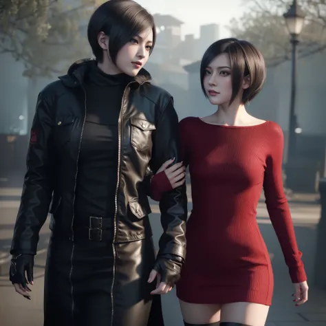 Woman, ada wong , beautiful face, wearing red dress short bob hair, black nails polish, little smile expression