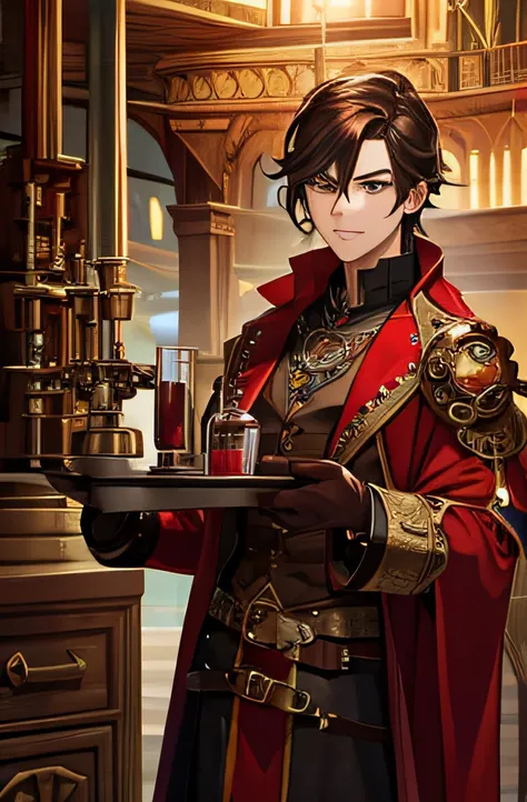 Ancient fantasy male alchemist,red gem,elaborate laboratory,steampunk-inspired outfit