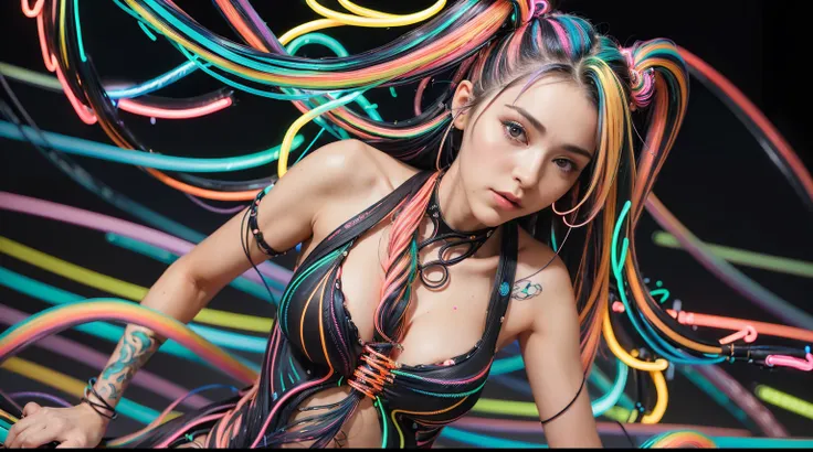 (medium shot) (womans hair is made from thin multicolored neon tendrils:1.7) (long thin multicolored neon string hair is flowing down her body), her hair made of thin multicolored neon tendrils is conforming to and covering her body forming a dress, (neon ...