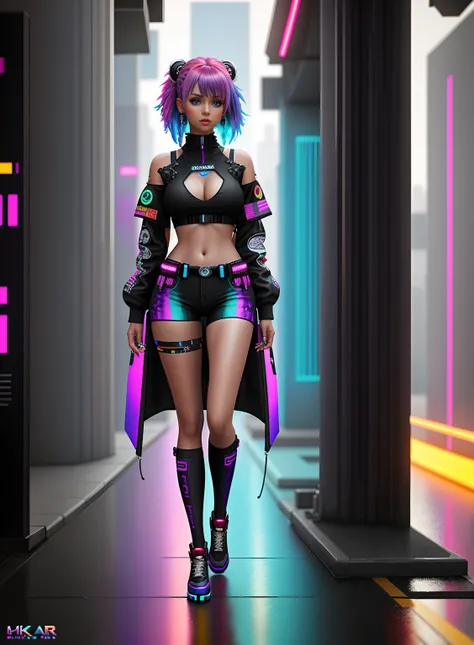 ((best quality)), ((masterpiece)), ((realistic)), (detailed), (1 girl), ((full body:1.4)), woman with colorful hair and piercings, dreamy cyberpunk girl, 4K high-detail digital art, stunning digital illustration, stunning 8K artwork, colorful digital fanta...