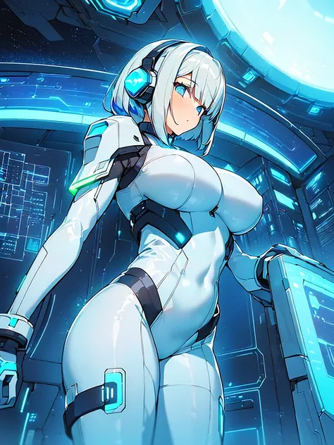 ​masterpiece:1.4, 1girl in ((20yr old, Wearing a futuristic white and silver costume, Tight Fit Bodysuit, long boots, Very gigantic-breasts, Multicolored blonde hair, a short bob, Perfect model body, Blue eyes:1.4, Wearing headphones, Flirting, Looking out...