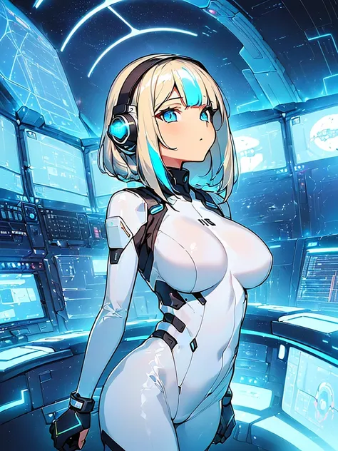 ​masterpiece:1.4, 1girl in ((20yr old, Wearing a futuristic white and silver costume, Tight Fit Bodysuit, long boots, Very gigantic-breasts, Multicolored blonde hair, a short bob, Perfect model body, Blue eyes:1.4, Wearing headphones, Flirting, Looking out...