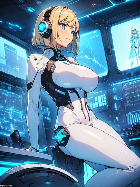 ​masterpiece:1.4, 1girl in ((20yr old, Wearing a futuristic white and silver costume, Tight Fit Bodysuit, long boots, Very gigantic-breasts, Multicolored blonde hair, a short bob, Perfect model body, Blue eyes:1.4, Wearing headphones, Flirting, Looking out...