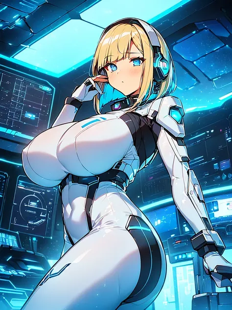 ​masterpiece:1.4, 1girl in ((20yr old, Wearing a futuristic white and silver costume, Tight Fit Bodysuit, long boots, Very gigantic-breasts, Multicolored blonde hair, a short bob, Perfect model body, Blue eyes:1.4, Wearing headphones, Flirting, Looking out...