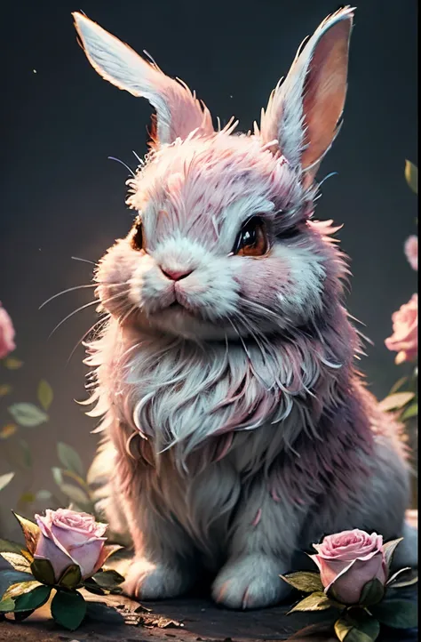 ultra-detailed CG art, adorable bunny surrounded by ethereal roses, pastels, glimmer bokeh, ethereal, best quality, highest resolution, intricate details, fantasy, cute animals