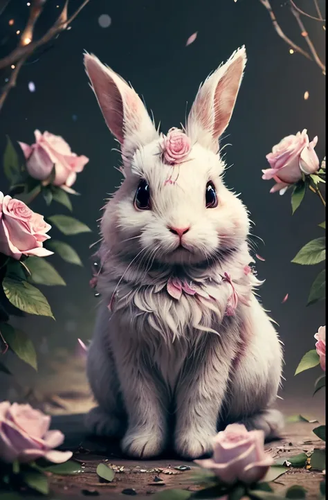 ultra-detailed CG art, adorable bunny surrounded by ethereal roses, pastels, glimmer bokeh, ethereal, best quality, highest resolution, intricate details, fantasy, cute animals