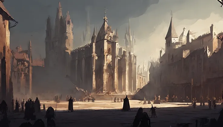 medieval dark fantasy city square with on a sunny day with cold yellow sunlight. There is an ongoing execution and the air smells of blood and death and people are beheaded. There is wooden platform full of dead bodies