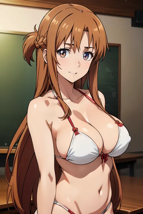 ((masutepiece, Best Quality, High resolution, anime screen cap, anime colours, in 8K, anime keyvisual)):1.5, Asuna, 1girl in, Cute, Shy smile, (Brown Long Hair:1.5), 14years, (Oversized large sagging breasts:1.5), cleavage, ((White Micro Bikini:1.5, Thin f...