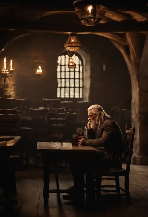 A photo of a man sitting alone in a rundown tavern, surrounded by empty tankards and a somber atmosphere.,Game of Thrones,Viserys Targaryen