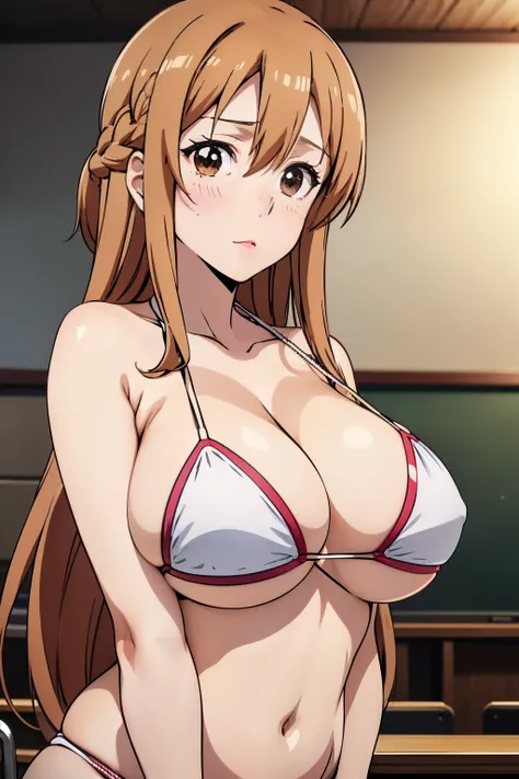 ((masutepiece, Best Quality, High resolution, anime screen cap, anime colours, in 8K, anime keyvisual)):1.5, Asuna, 1girl in, Cute, blush, (Brown long hair:1.5), 14years, (Oversized large sagging breasts:1.5), cleavage, ((White Micro Bikini:1.5, Thin fabri...