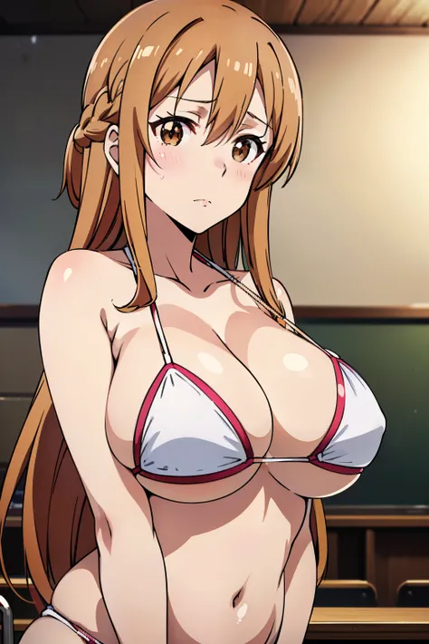 ((masutepiece, Best Quality, High resolution, anime screen cap, anime colours, in 8K, anime keyvisual)):1.5, Asuna, 1girl in, Cute, blush, (Brown long hair:1.5), 14years, (Oversized large sagging breasts:1.5), cleavage, ((White Micro Bikini:1.5, Thin fabri...