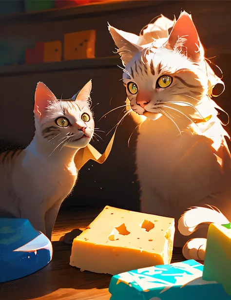 Generate a high-resolution image of a playful cat munching on a block of cheese, showcasing details like fur texture, cheese crumbles, and an engaging expression on the cats face