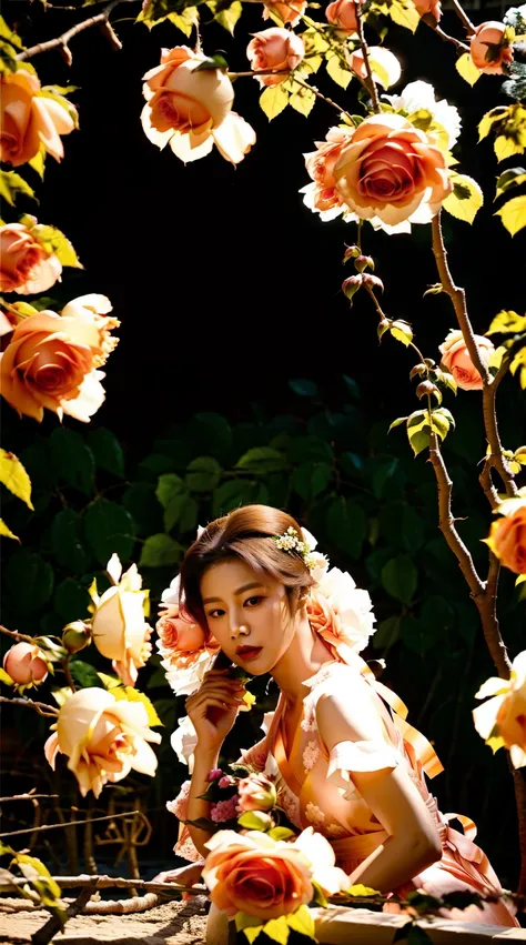 ((goyounjung)) korean actress in babydoll in a rose garden with peach color roses --ar 2:3