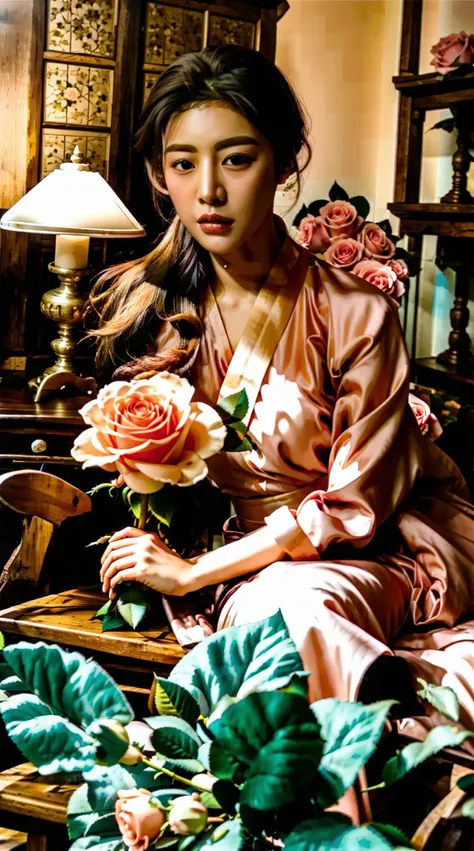 ((goyounjung)) korean actress in negligee in a rose garden with peach color roses --ar 2:3