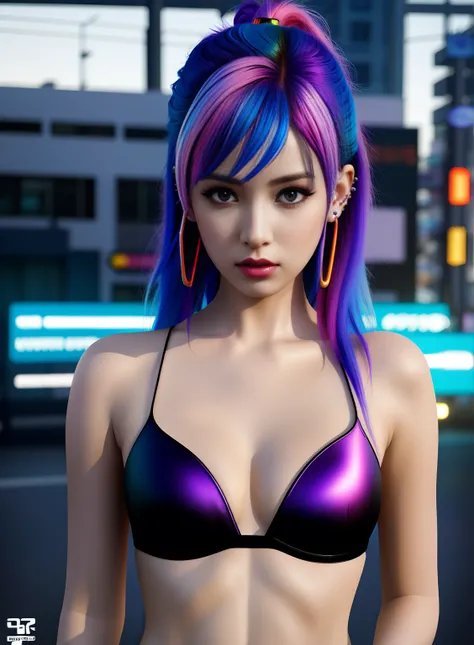 ((best quality)), ((masterpiece)), ((realistic)), (detailed), (1 girl) full body woman with colorful hair and piercings, dreamy cyberpunk girl, 4K high-detail digital art, stunning digital illustration, stunning 8K artwork, colorful digital fantasy art, co...