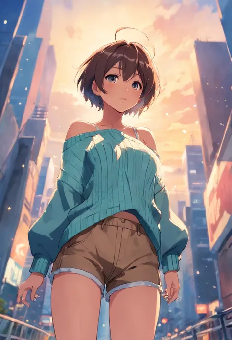 (), big boobs,(masterpiece), best quality, extremely detailed, (watercolor), bloom, delicate and beautiful, illustration, (from below),(1girl:1.4), (solo:1.2), large breasts, (ribbed sweater:1.3), off-shoulder sweater, (short shorts:1.2), bare shoulders, (...