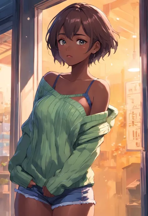 (Darkskin), big boobs,(masterpiece), best quality, extremely detailed, (watercolor), bloom, delicate and beautiful, illustration, (from below),(1girl:1.4), (solo:1.2), large breasts, (ribbed sweater:1.3), off-shoulder sweater, (short shorts:1.2), bare shou...