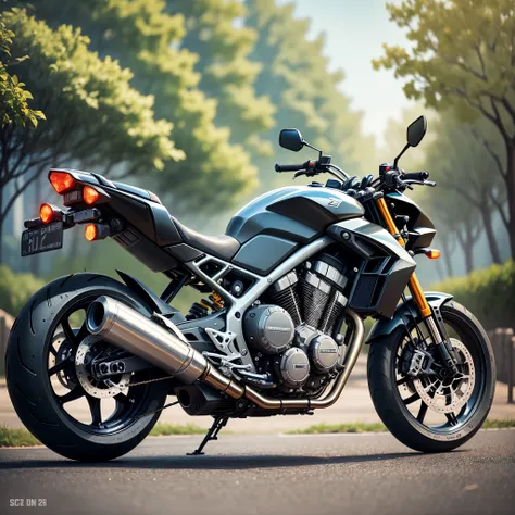 I want a cinematographic image of a latest generation sleek motorcycle in black, thick wheels --auto --s2