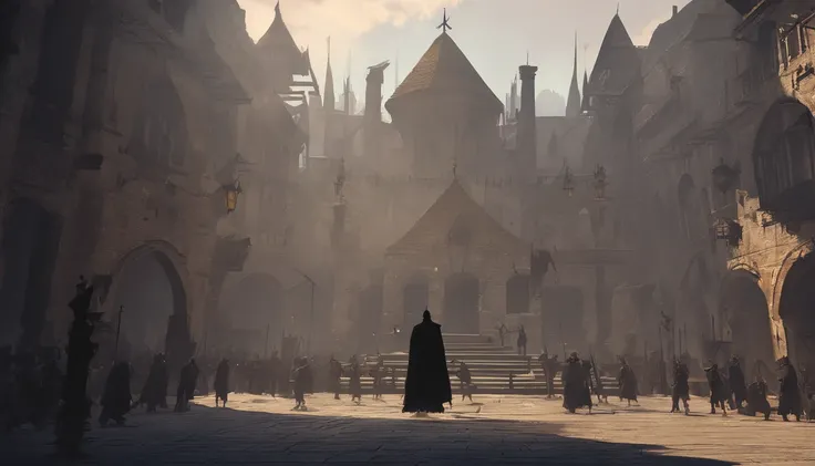 in a dark fantasy medieval city square with on a sunny day with cold yellow sunlight. The city square is an open space with a wooden platform at the center. There are execution on the wooden platform where criminals are beheaded. On the platform and around...