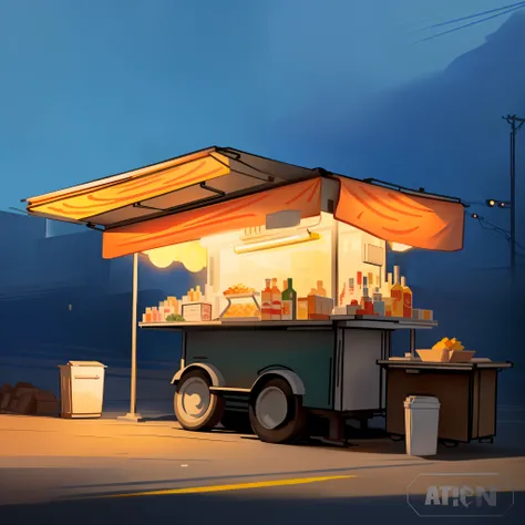 Cartoon illustration of food truck，There are a lot of bottles on it, food stall, arte de fundo, concept art style, gta chinatown art style, Commercial illustration, urban concept art, GTA V art style, very coherent stylized artwork, G Liulian art style, Fo...