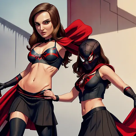 Natalie portman、Sticking out the navel、newyork、She wears a torn Spider-Man suit,wearing skirt、 Red and black color scheme,Dynamic、​masterpiece、top-quality、ultra-detailliert、ighly detailed、beautiful detailed brilliance、超A high resolution